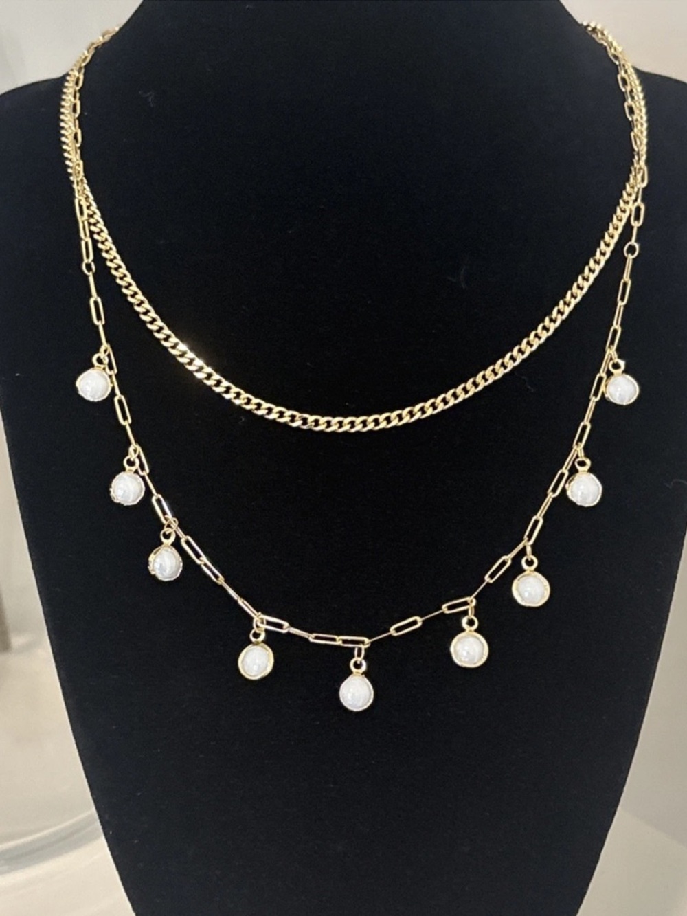 Gold Plated Layered Chain Necklace Pearly Charm Double Strand Trendy Jewelry